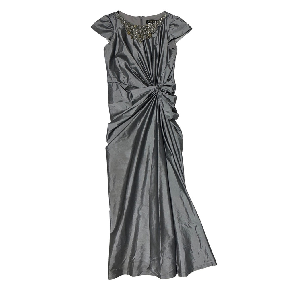 Tadashi Shoji Vintage Gray Taffeta Maxi Dress Jeweled Neckline Ruched Gown Sz 8